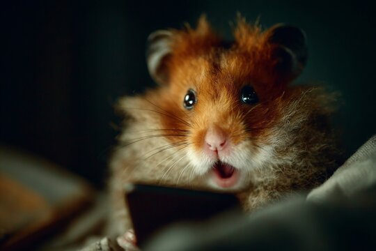 Hamster's night of fear: smartphone in tiny paws. Hamster night. Digital currency: financial liberation or clever manipulation. Creature fear. Hamster dark. - Powered by Adobe