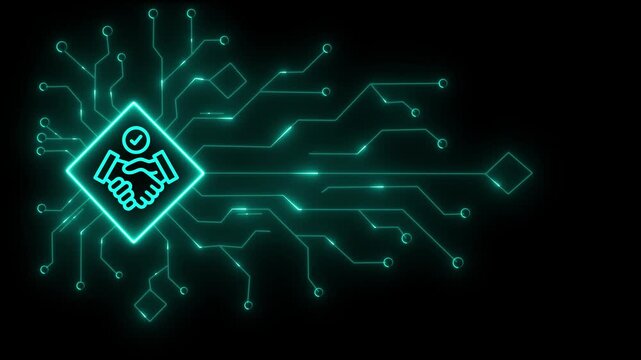 Digital handshake icon glowing on a futuristic cyan circuit board background, symbolizing secure online business agreements, technological partnerships, and network connections in the modern era