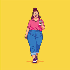 Fototapeta premium Smiling plus size woman walking with coffee cup.