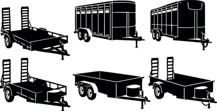 Black silhouette flat trailer vector illustration set with livestock and flatbed trailers
