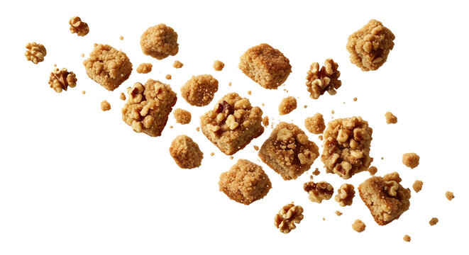 Elevated walnut squares dance against a stark backdrop, a delightful confectionary ballet, capturing an ethereal moment of culinary levitation