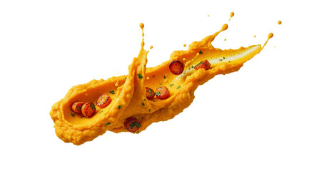 Dynamic culinary splash of vibrant pumpkin puree with scattered cherry tomatoes and aromatic herbs, showcasing artistic food presentation on a