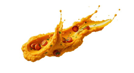 Dynamic culinary splash of vibrant pumpkin puree with scattered cherry tomatoes and aromatic herbs, showcasing artistic food presentation on a