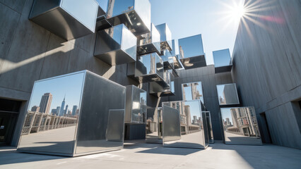Modern architecture reflective surfaces urban landscape geometric design sunlight city skyline contemporary art installation outdoor space