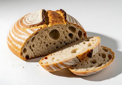 A freshly baked round loaf of artisan sourdough bread, sliced to show its airy crumb and crusty texture on a white background.