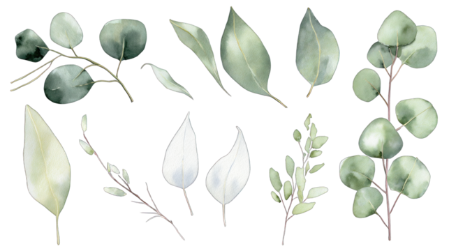 A collection of various green leaves showcasing different shapes and sizes, ideal for decorative and botanical themes.