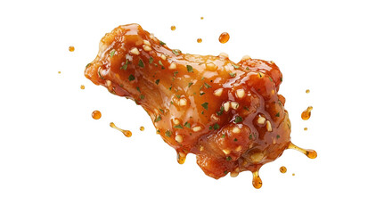 Enticing close up of perfectly cooked chicken wing with luscious sauce splash against a clean background showcasing appetizing details, ready for