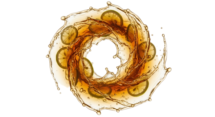 Effervescent elixir: A circular burst of citrus-infused liquid with a refreshing cascade of lemon slices creates a visual spectacle of flavorful