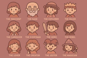 Fototapeta premium Illustrated archetypes showcasing the complexity of human character featuring diverse personas such as the sage the hero the caregiver the ruler and the jester reflecting emotional depth and