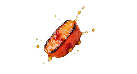 Succulent grilled peach slice in mid-air with a burst of sweet syrup creating a delightful confectionery scene