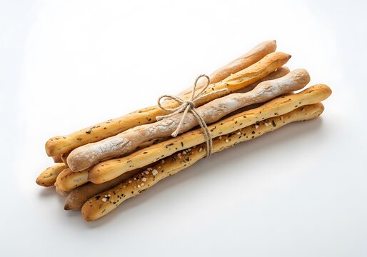 A bundle of artisanal grissini breadsticks tied with twine, featuring various textures and seeds, on a clean white background.