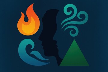 Obraz premium Enigmatic interplay of elemental shapes with silhouettes representing human thought fostering a reflection on nature's energy manifestations