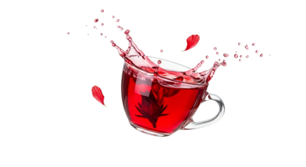 Exuberant hibiscus tea splash, a vibrant burst of floral flavor in a transparent cup on a pristine white backdrop with floating petals