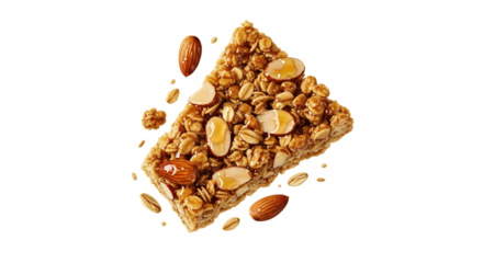 Artisanal granola bar with toasted almonds and honey, presented against a bright white backdrop highlighting its textures and wholesome appeal