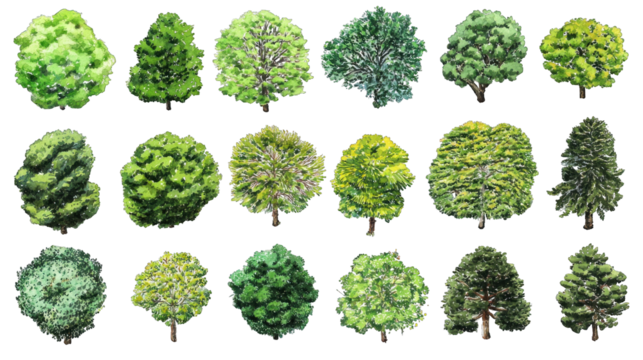 A collection of various tree illustrations showcasing diverse shapes and leaf textures, highlighting the beauty of nature.