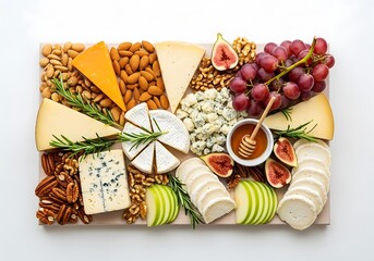 A gourmet cheese board with a variety of cheeses, fruits, nuts, and honey, seen from a top-down perspective.