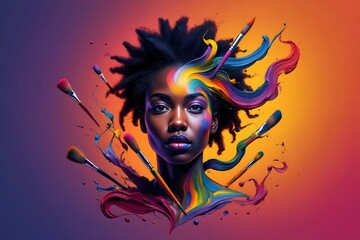 Vibrant Portrait of a Woman with Paint Brush Elements - Artistic Expression