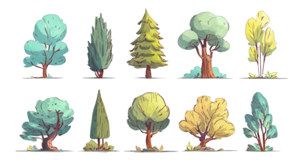 Colorful illustrated trees in various shapes and sizes, showcasing different foliage types and styles.
