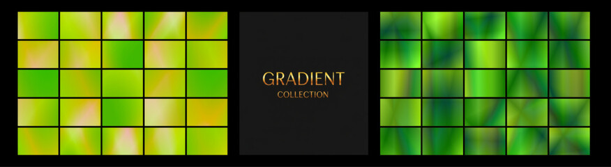 Gradient Collection, 50 backgrounds, green and gold, modern abstract design, against a black background with copy space