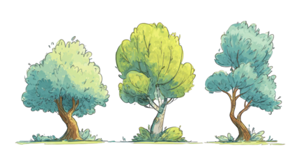 Three stylized trees with varying shapes and colors showcasing unique foliage and trunks.