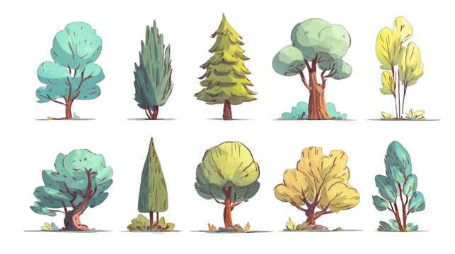 Colorful illustrated trees in various shapes and sizes, showcasing different foliage types and styles.