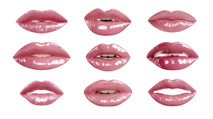 A collection of nine pairs of glossy pink lips showcased in varying shapes and positions.