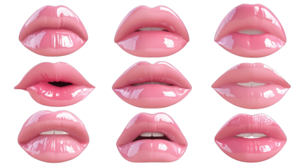 A collection of glossy pink lips in various styles and shapes, showcasing different expressions and textures.