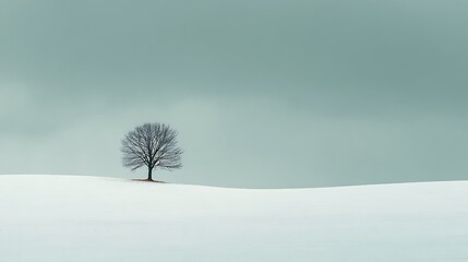 Minimalist winter landscape with a solitary bare tree on a snow-covered field under an overcast sky