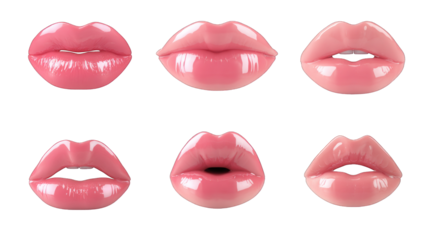 A collection of six glossy pink lips displayed in various shapes and styles.