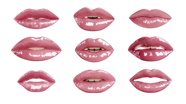 A collection of nine pairs of glossy pink lips showcased in varying shapes and positions.