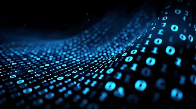 Dynamic blue binary code stream flowing across a dark screen, perfect for technology, data, or futuristic concepts in motion graphics and video