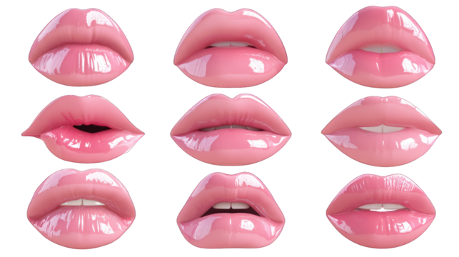 A collection of glossy pink lips in various styles and shapes, showcasing different expressions and textures.