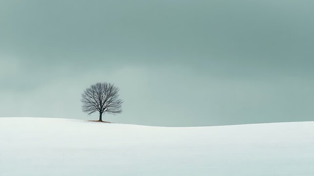 Minimalist winter landscape with a solitary bare tree on a snow-covered field under an overcast sky