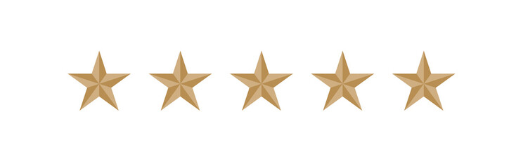 Five volumetric gold stars. Five-pointed star 3D. Quality and rating symbol. Isolated illustration on white background. Raster icon.