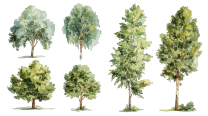 A collection of six distinct trees, each showcasing unique shapes and lush green foliage, rendered in a watercolor style.