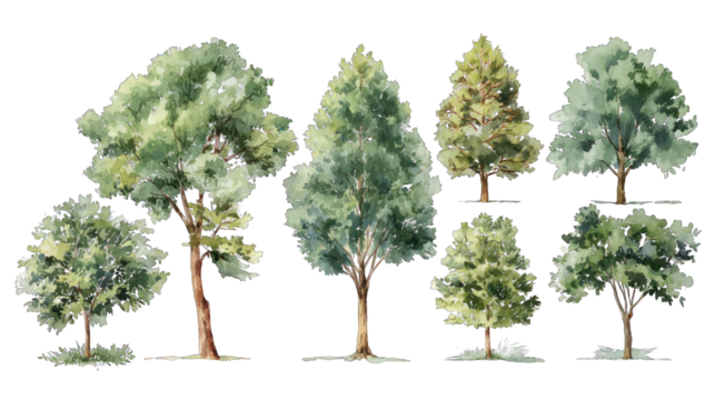 A collection of various tree illustrations showcasing diverse shapes, sizes, and leaf patterns, highlighting their natural beauty.