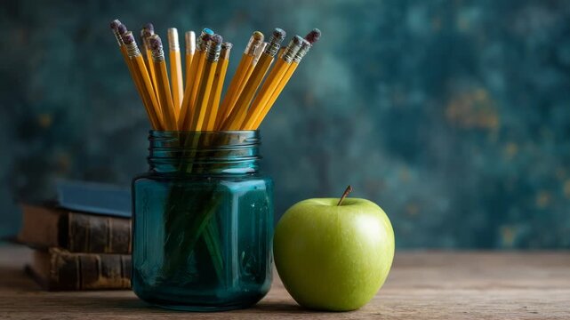 School Supplies Still Life: Pencils in Jar and Green Apple