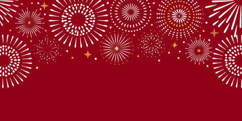 Festive fireworks display on a deep red background