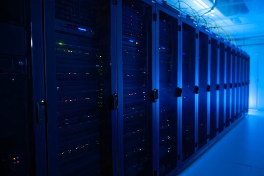 Rows of Servers in a Modern Data Center - Technology and Computing Infrastructure