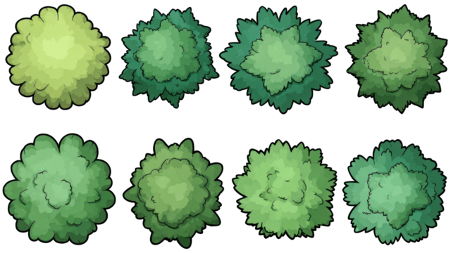 A collection of illustrated green foliage clusters in various shapes and shades, showcasing a vibrant, lush appearance.