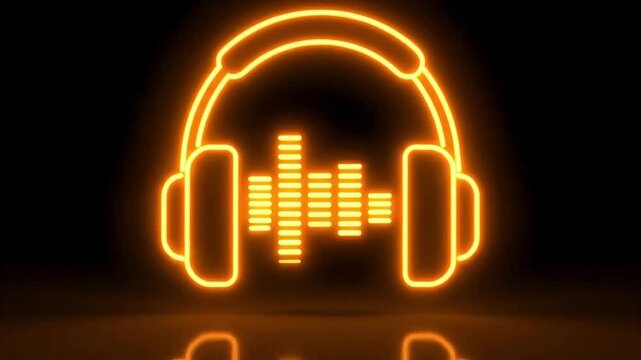Glowing headphone outline with audio equalizer pulsing in a dark room evokes modern music and digital sound design visuals