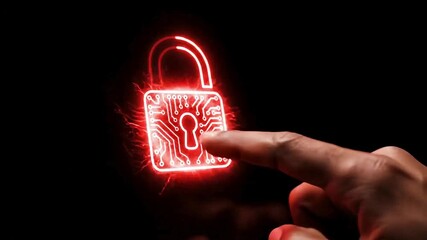 Cybersecurity expert activating red digital lock on interactive screen for data protection and privacy in modern tech era - Powered by Adobe