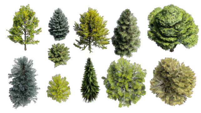 Various evergreen trees displayed in different shapes and colors, showcasing a diverse selection of coniferous foliage.