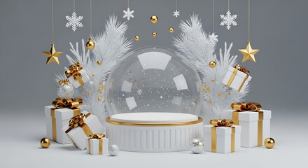 Elegant 3d render of a white and gold christmas snow globe display podium surrounded by gift box and festive decoration