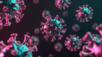 A dramatic, cinematic macro visualization of an abstract, infectious virus cell cluster under neon lighting, a metaphor for a global pandemic - Powered by Adobe
