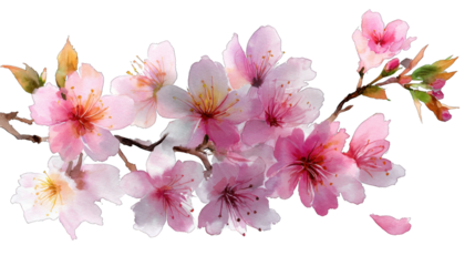 A delicate branch adorned with clusters of pink cherry blossoms, showcasing soft petals and vibrant yellow stamen.