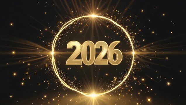 explosive highly detailed 4K New Year's Eve background showing numbers 2026 powerfully shining sparkling brilliant intense glow perfectly dark black canvas creating dramatic high definition greeting