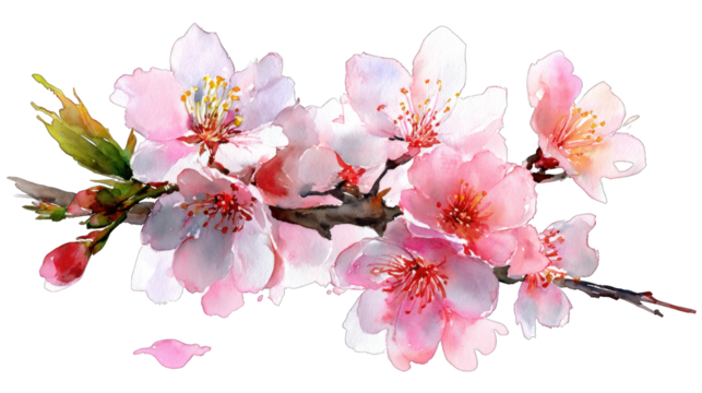 A delicate branch of pink cherry blossoms, showcasing multiple flowers and buds in full bloom, highlighting their soft petals and intricate details.