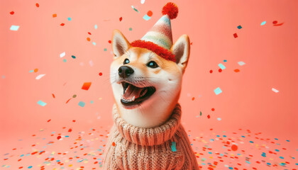 Cute dog with party hat on celebration background.