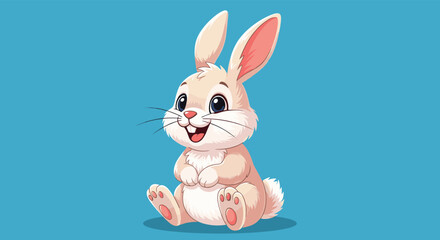 A cute and friendly cartoon rabbit with big blue eyes and a wide, happy smile is sitting cheerfully against a vibrant blue background.
